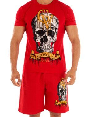 Avenue George V Paris Short Set Men's Short Sleeve RED Rhinestone Skull XL